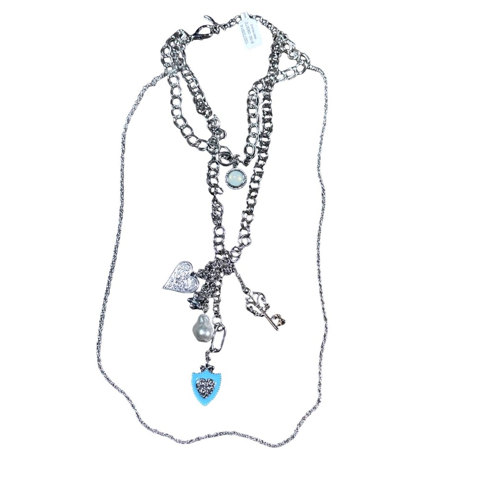 Free People Tate Necklace NWT Womens OS Silver Multi Charm Heart Key Blue Shield - Picture 4 of 7